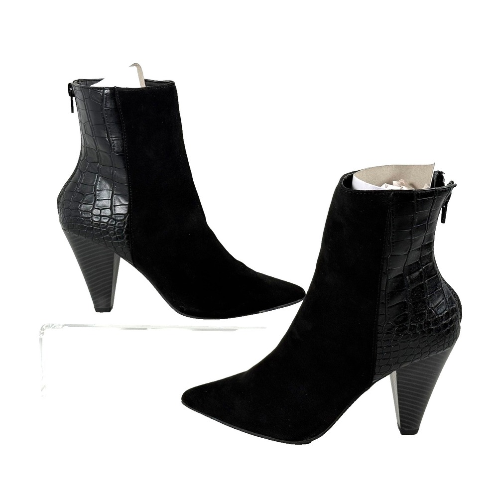 New Directions Sz 7.5 Black Alysse Croc Ankle Boots Pointed Toe 3.5" Heel New